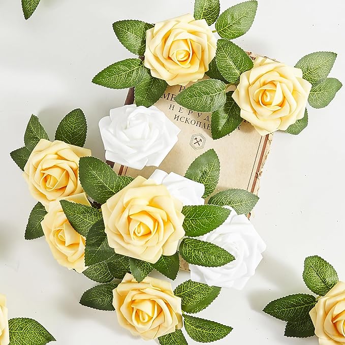 Artificial Flowers, 50pcs Yellow and White Artificial Rose for DIY Wedding Bouquets Centerpieces Arrangements, Fake Flower with Stems for Party Home Decorations