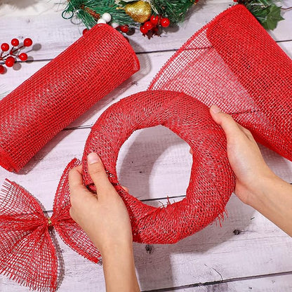 Chuangdi 4 Rolls Poly Burlap Mesh Poly Burlap Deco Ribbon Mesh Roll for Christmas Spring Summer Easter 4th of July DIY Flower Wreath Garland, 10 Inch(Red)