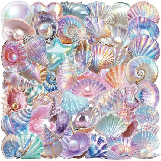 50 Pcs Sea Shell Stickers Waterproof, Transparent PET Aesthetic Stickers, Nautical Clam Shell Pearl Decals for DIY Crafts, Journals, Planners, Laptop & Water Bottle Decor