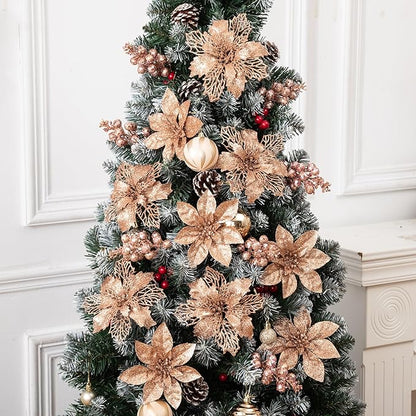 24Pcs Rosegold Glitter Poinsettia Christmas Tree Ornaments and Glitter Berries Stems, 16Pcs Christmas Artificial Flowers and 8 Pack Christmas Tree Picks for Wedding Holiday Decorations