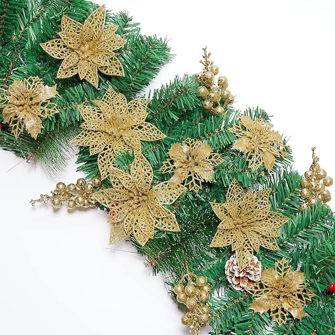 Zhuqing 22Pcs Christmas Poinsettia Artificial Flowers and Glitter Berries Stems Kit, 16Pcs Christmas Tree Flowers Ornaments and 6 Pack Christmas Tree Picks for Wedding Holiday Decorations (Gold)