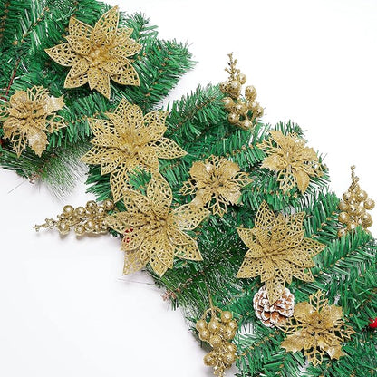 Zhuqing 22Pcs Christmas Poinsettia Artificial Flowers and Glitter Berries Stems Kit, 16Pcs Christmas Tree Flowers Ornaments and 6 Pack Christmas Tree Picks for Wedding Holiday Decorations (Gold)