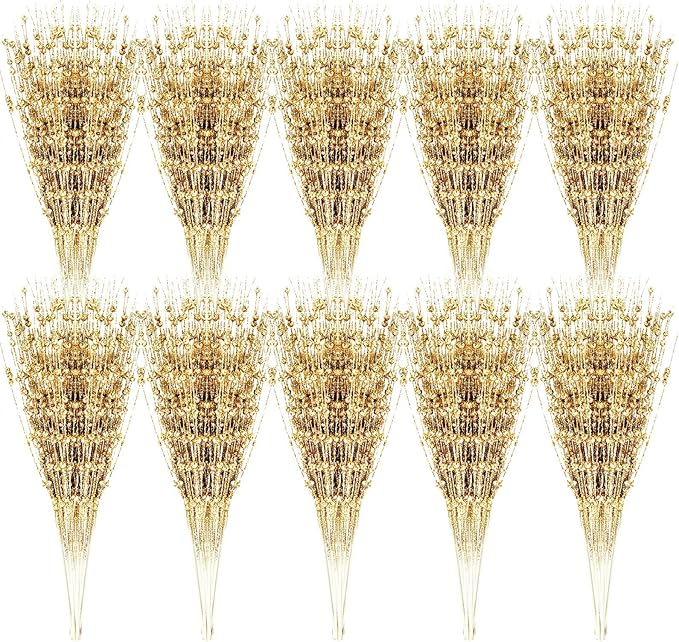 Geosar 30 Pcs Christmas Artificial Glitter Berry Stem Decorations 17 Inch Faux Stick Floral Pick Centerpiece Bouquet Flower Bead Twigs for Centerpiece Tree Wreath Xmas Ornaments Home(Gold)
