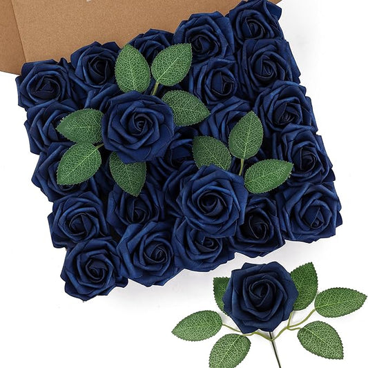 DuHouse 50Pcs Artificial Roses Flowers Fake Roses with Stems Real Touch Foam Flowers for DIY Wedding Bouquet Baby Shower Centerpiece Floral Arrangement Party Home Decor(Navy Blue)