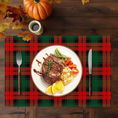 Christmas Plaid Placemats Set of 6,Washable Heat Resistant 12×18 Inch Linen Table Mats Green Red Place Mats for Party Outdoor Dining Décor