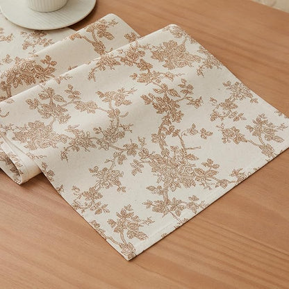100% Cotton French Pastoral Table Runners, 13x36 Inch Brown Farmhouse Table Runners 36 Inches Long, Vintage Flowers Print Home Decors