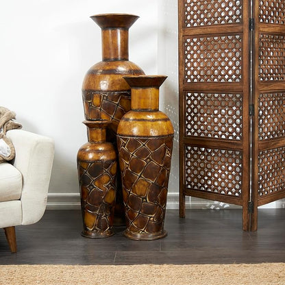 Deco 79 Metal Decorative Vase Indoor Outdoor Tall Floor Bottleneck Centerpiece Vases with Tortoise Shell Pattern, Set of 3 Flower Vases for Home Decoration 50", 35", 26"H, Brown