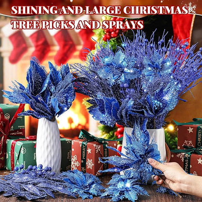Yerliker 108 Pcs Blue Glitter Christmas Picks and Sprays, 12 Styles Artificial Christmas Floral Berry Branches Flowers Stems for Xmas Tree Ornaments Wreath Garland DIY Vase Holiday Party Decor