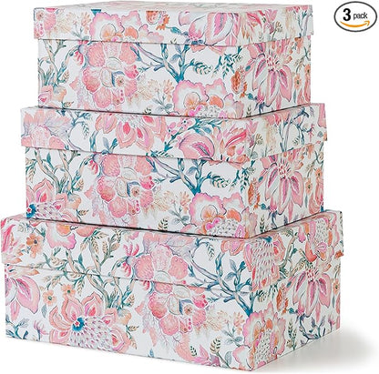 Soul & Lane Decorative Storage Boxes with Hinged Lids, Pink Chinoiserie - Set of 3 Floral Memory Keepsake Boxes with Lids, Pretty Large Cardboard Photo Storage for Organizing, Home Décor, Gifts