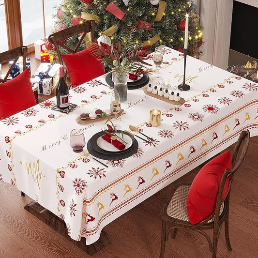 Christmas Rectangle Table Cloth,100% Waterproof Tablecloth,Christmas Decorations for Home, Vinyl Tablecloth Plastic Table Cover for Party，Picnic,Dining,Outdoor 54" x 102",Merry Ribbon