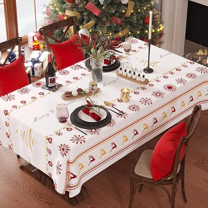 Christmas Rectangle Table Cloth,100% Waterproof Tablecloth,Christmas Decorations for Home, Vinyl Tablecloth Plastic Table Cover for Party，Picnic,Dining,Outdoor 52" x 70",Merry Ribbon