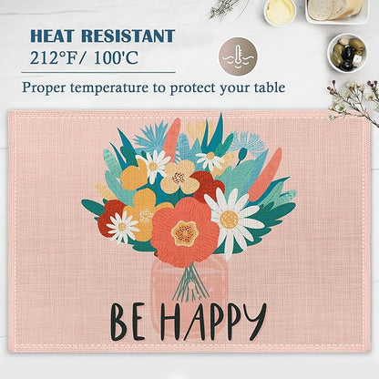 Blooming Wildflowers Placemats Set of 4, Be Happy Place Mats Non-Slip Heat Resistant Washable Placemat for Party Kitchen Dining Table Decoration Indoor Outdoor 12x18 Inch