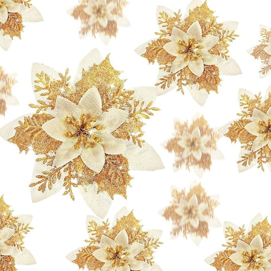 Geosar 36 Pcs Christmas Glitter Artificial Poinsettia Flowers Xmas Poinsettia Artificial Wedding Flowers Decorations Xmas Tree Ornaments with Clips for Party, 6 Inch, 4 Inch, 3 Inch(Gold)