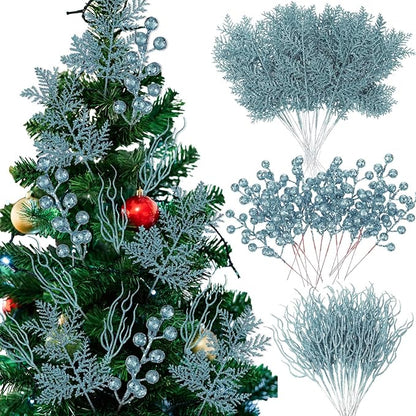 75 Pcs Christmas Glitter Branches 3 Styles Artificial Christmas Picks Berries Stems Pine Needles Floral Twig Spray for Xmas Tree Ornaments DIY Wreath Garland(Lake Blue)