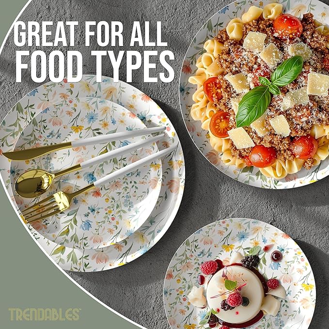 Trendables Heavy Duty Paper Plates Set For 16 Guests - 16 Each Of 8-inch And 10-inch Disposable Plates For Party - Fancy 32 Piece Dinnerware Set For All Occasions | Floral Design, Petite Fleur