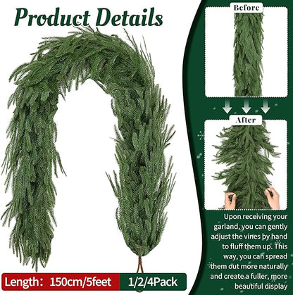 Palonu 4 Pcs 5Ft Artificial Norfolk Garland, Faux Christmas Greenery Touched Like Real Needles Pine, Decoration for Table Mantle Wall Porch Fireplace Indoor Outdoor Winter Holiday Décor