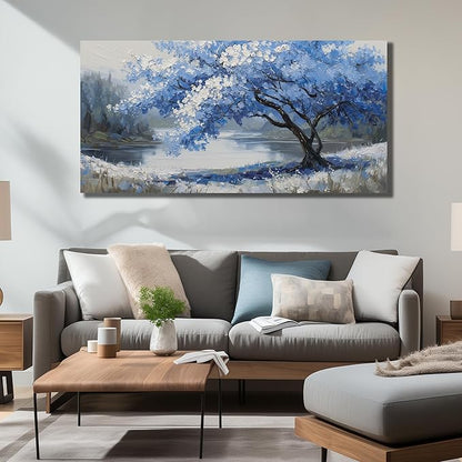 JuhaiArt Blue Wall Art White Picture Art Scenery Wall Decor Tree Wall Art Canvas for Living Room Bedroom Home Office Prints Gray Artwork 24" x 48"