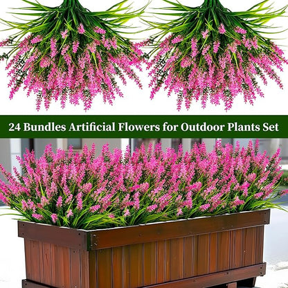 Artificial Flowers for Outdoor Plants 24 Bundles Fake Lavender Plastic Faux Monkey Grass for Verandah Window Garden Office Patio Front Porch UV Resistant for Planter(Pink)