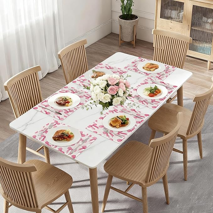Pink Cute Bow Placemats Set of 6,Dinner Table Mats Non-Slip Washable Mats for Kitchen Dinner Party Tablemat 12x18Inch