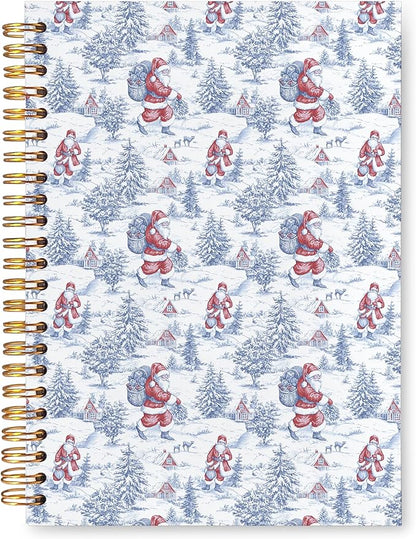 VIIJJUE Blue and White Chinoiserie Christmas Santa Notebook for Women, Vintage French Country Toile de Jouy Journal, Xmas Red Santa Holiday Hardcover Spiral Notebooks, 5.5x8.3 Inch-01