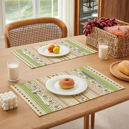LilyCat Linen Fabric Multicolor Floral Placemats, Stripes Durable Boho Dining Table Mats for Kitchen, Rustic Vintage Washable Place Mats Set of 6, 18’’× 12’’