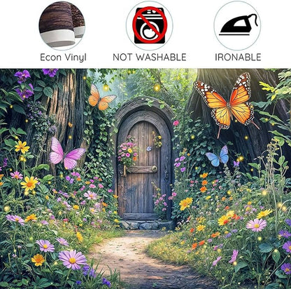 7X5ft Enchanted Forest Backdrop Fairy Enchanted Wonderland Garden Wooden Door Floral Butterfly Photography Background for Kids Girls Baby Shower Birthday Party Decoration Banner Booth Props