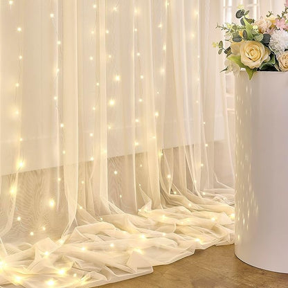 Champagne Tulle Photo Backdrop Curtain with Lights String for Parties Wedding Bridal Shower Sheer Champagne Curtain Backdrop for Birthday Baby Shower Photo Booth Photography 20ft x 8ft