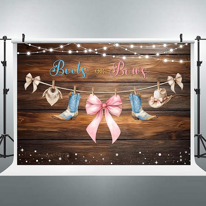 Riyidecor Boots or Bows Gender Reveal Backdrop Polyester Fabric Boy or Girl Baby Shower 7Wx5H Feet Rustic Western Wood Cowboy Hat Cowgirl Photography Background Newborn Photo Studio Shoot