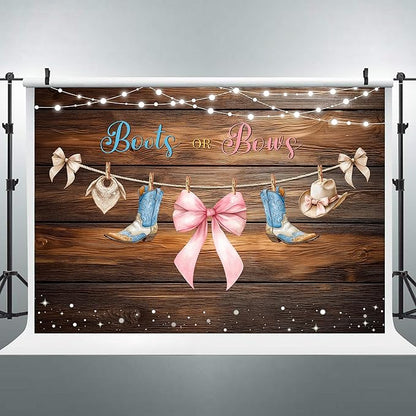 Riyidecor Boots or Bows Gender Reveal Backdrop Polyester Fabric Boy or Girl Baby Shower 7Wx5H Feet Rustic Western Wood Cowboy Hat Cowgirl Photography Background Newborn Photo Studio Shoot
