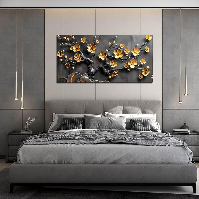 Large Canvas Wall Art for Living Room Bedroom Home Office Grey and Gold Metal Color Plum Blossom Picture Modern Canvas Prints Framed Wall Decor Size 29x59