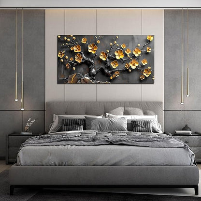 Large Canvas Wall Art for Living Room Bedroom Home Office Grey and Gold Metal Color Plum Blossom Picture Modern Canvas Prints Framed Wall Decor Size 29x59
