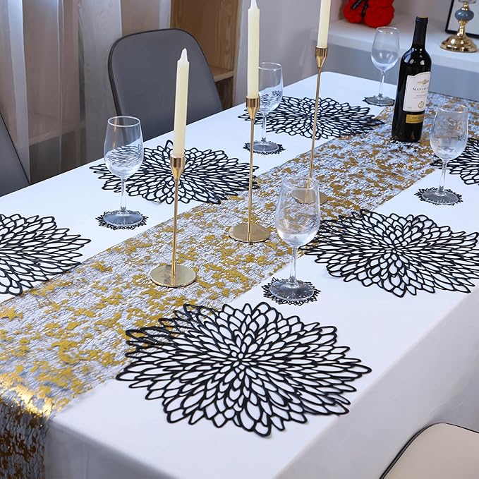 Snowkingdom 6 Pack Black Placemats Washable Pressed Vinyl Dining Table Mats Round Floral Charger Decoration for Halloween Christmas Thanksgiving
