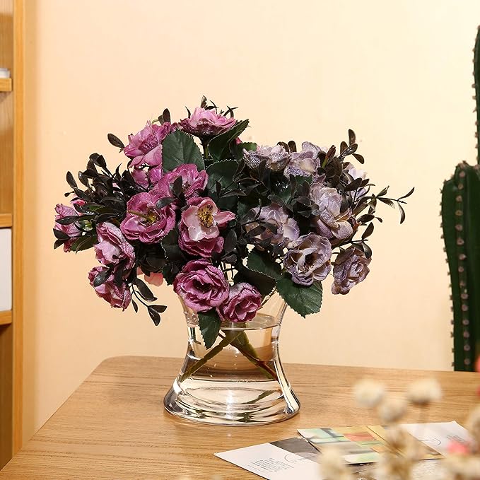 WGV Unique Bouquet Vase, 7" W, 7" H, Clear Short Hurricane Concaved Neiman Glass Floral Container, Home Wedding Event Decor, 1 Piece (VHV0707)