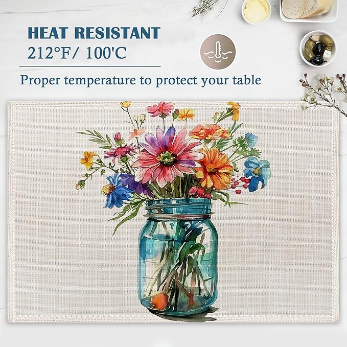 Retro Spring Flower Placemats Set of 4, Linen Place Mats Heat Resistant Non-Slip Washable Table Mats for Dining Kitchen Party Decor 12"x18"