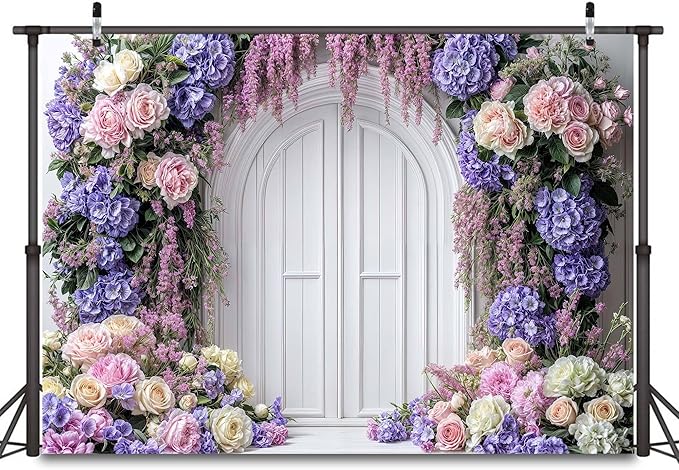 7 x 5 ft Purple Flower Floral Arch Backdrop Background Photography Flower Wall Lavender Backdrop Party Wedding Girls Birthday Princess Mother's Day Bridal Shower Anniversary Banner Decor Studio Photo