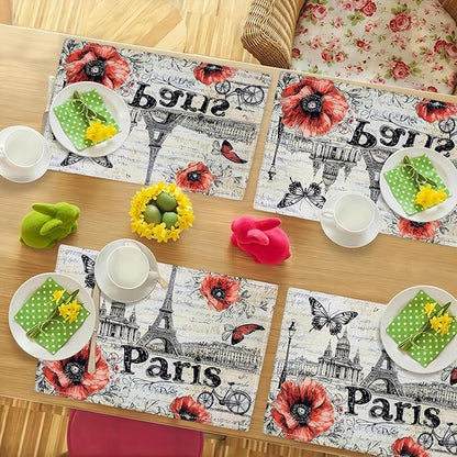 Paris Placemats Set of 6, French Eiffel Tower Place Mats, Poppies Dining Table Mats, Retro Washable Placemats for Kitchen Dining Room Home Decor 18L'' × 12W''