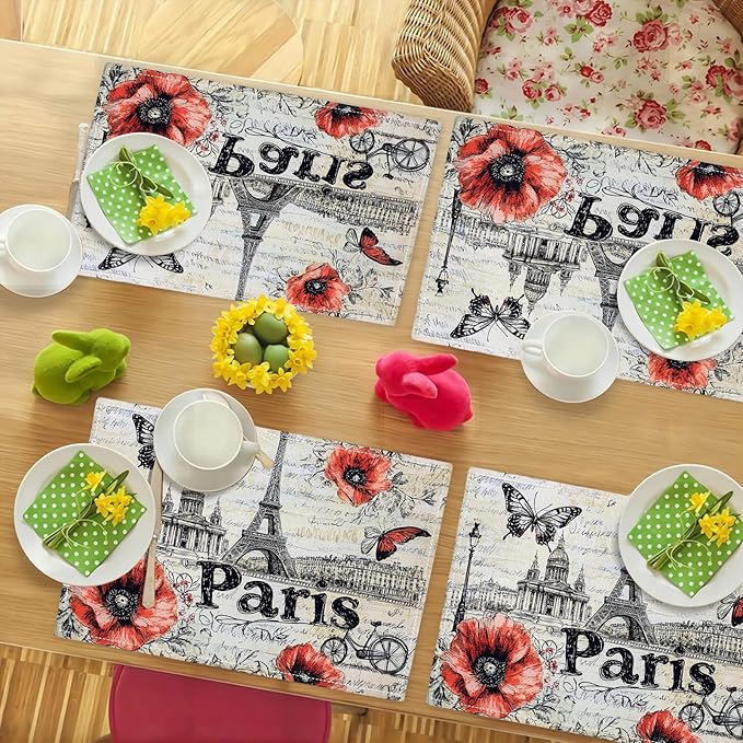 Paris Placemats Set of 4, French Eiffel Tower Place Mats, Poppies Dining Table Mats, Retro Washable Placemats for Kitchen Dining Room Home Decor 18L'' × 12W''