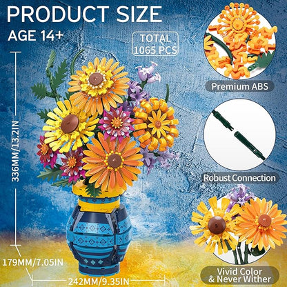 Sunflower Building Blocks with Vase Set for Adults, Christmas Artificial Flower Bouquet Botanical Collection Bricks Anniversary Birthday Gifts for Her Women Men Mom Wife Grandma Home Decor -1065 PCS