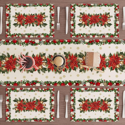 XCHI Christmas Poinsettias Leaves Bells Snowflakes Winter Xmas Placemats Set of 6 Table Mats for Party Home Kitchen Dining Table Decorations 12x18 Inch