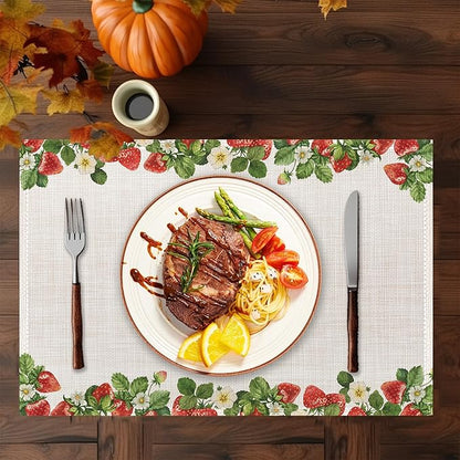 Strawberry Placemats Set of 6,Washable Heat Resistant 12×18 Inch Linen Table Mats Cute Place Mats for Party Outdoor Dining Décor