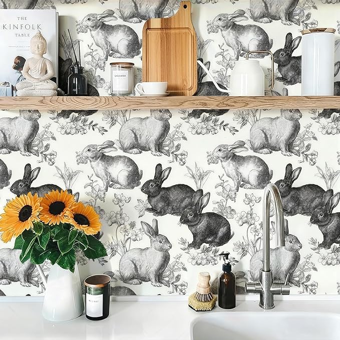 Floral Peel and Stick Vintage Animal Contact Paper Rabbit Removable Botanical Leaf Sketch Wallpaper 17.7" x 118.11" Wall Paper Self Adhesive for Classroom Bedroom Laundry Room Bathroom