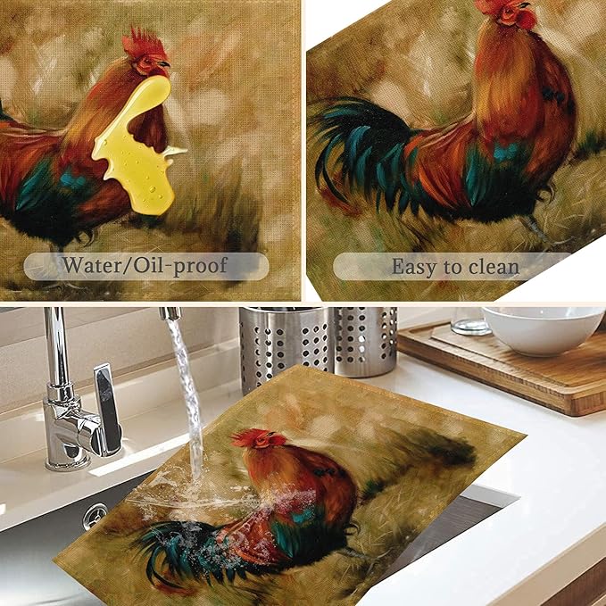 Fall Roosters Placemats Set of 6,Washable Heat Resistant 12×18 Inch Linen Table Mats Farmhouse Animal Place Mats for Party Outdoor Dining Decor