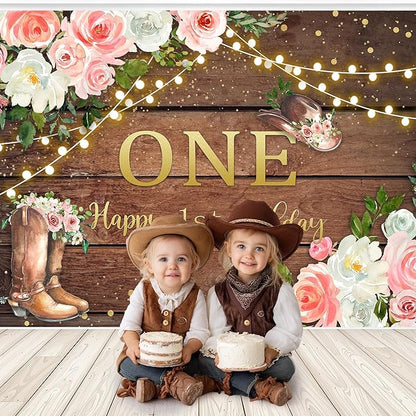 SVBright Cowgirl First Birthday Backdrop 7Wx5H Retro Western Rustic Country Pink Flower Wood Hat Happy Birthday Baby Shower Wooden Plank Decorations Photography Background Banner Photo Booth Studio