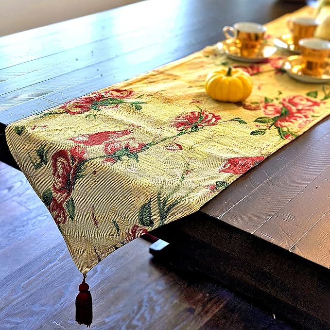Tache Floral Red Roses Birds Golden Woven Table Runner - Vintage Tapestry Botanical Kitchen Dining Dinner Linens Cloth - 13 x 54 inches