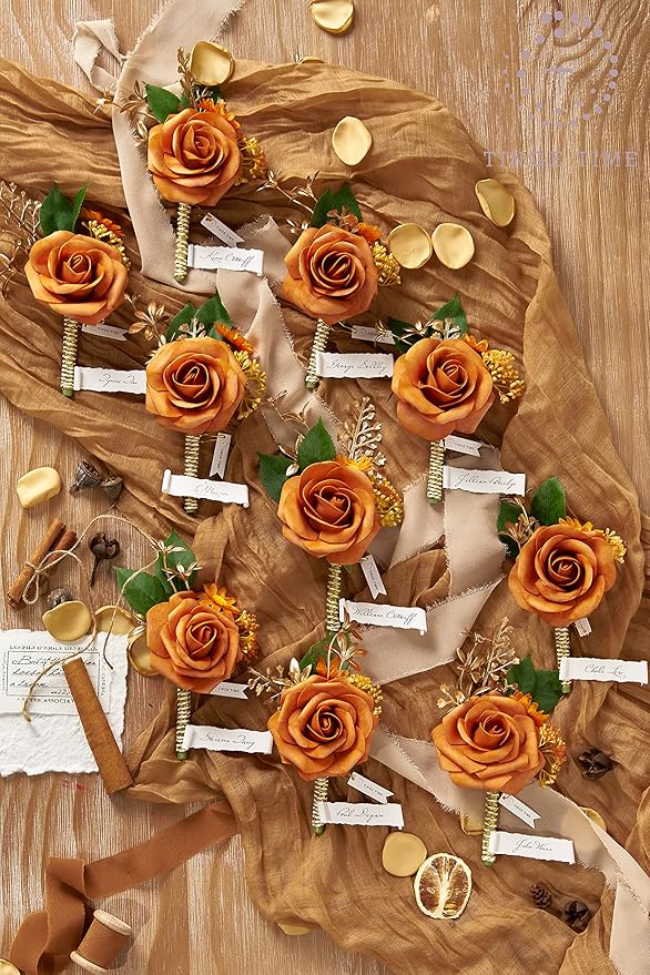 TINGE TIME Boutonniere for Men Wedding,Groom and Best Man Boutonniere for Wedding Ceremony Anniversary, Formal Dinner Party and Rustic Spring Wedding Marriage (10, Miami Burnt Orange)