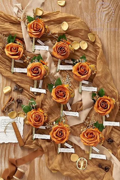 TINGE TIME Boutonniere for Men Wedding,Groom and Best Man Boutonniere for Wedding Ceremony Anniversary, Formal Dinner Party and Rustic Spring Wedding Marriage (10, Miami Burnt Orange)