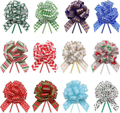 JOYIN 24 Present Wrap Ribbon Pull Bows 5", Easy and Fast Gift Wrapping Accessory for Christmas Bows Baskets Wine Bottles Gifts Decoration, Present Decor