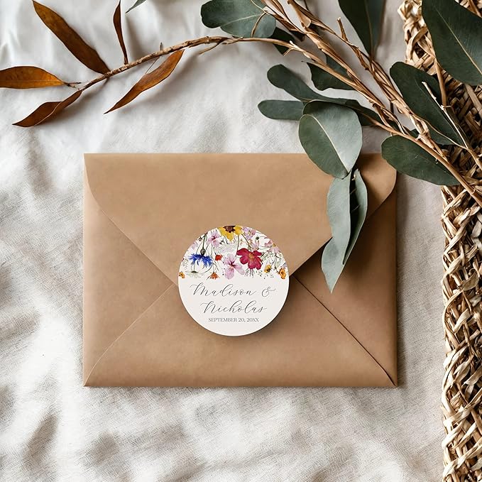 Personalized Floral Wedding Stickers with Your Choice of 30 Flower Styles - Choose Font and One of Five Pre-made Phrases or Add Custom Text (013 - Bright Colorful Flowers)