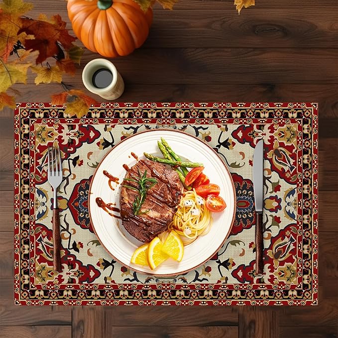 Fall Boho Carpet Placemats Set of 6, Washable Heat Resistant 12×18 Inch Linen Table Mats Orange Brown Place Mats for Party Outdoor Dining Decor