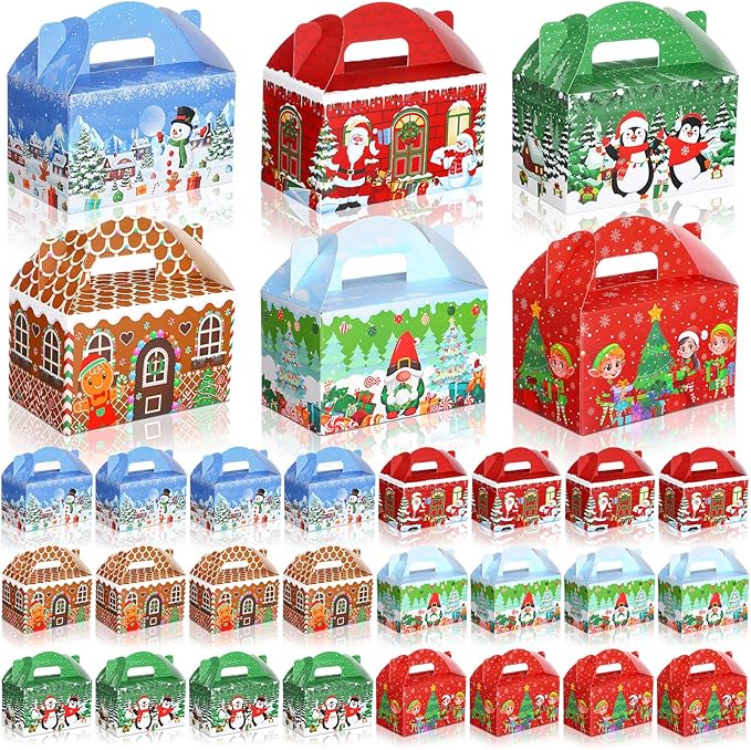 24 Pcs Christmas Treat Boxes Candy Goodie Cookie Gingerbread House Snowman Snowflake Christmas Party Favor Box Containers for Winter Holiday Party Favor Supplies
